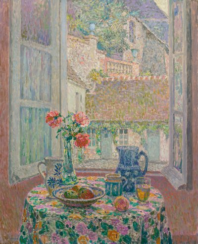 Pöytä näköalalla sisäpihalle - Henri Le Sidanerin (1862-1939) maalaus tekijältä Henri Eugene Augustin Le Sidaner