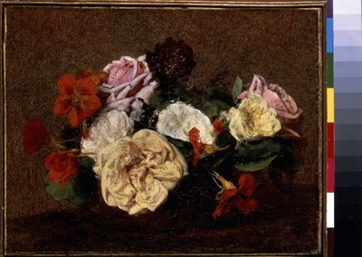 Ruusut ja nasturtiot maljakossa. Henri Fantin-Latourin maalaus (Fantin Latour tekijältä Ignace Henri Jean Fantin Latour