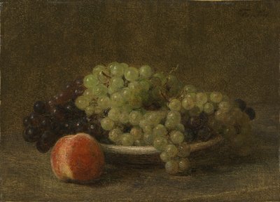 Asetelma, jossa on viinirypäleitä ja persikka tekijältä Henri Fantin-Latour