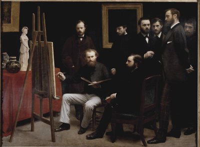 Työpaja Batignollesissa (useita muotokuvia taiteilijasta) (öljy kankaalle tekijältä Ignace Henri Jean Fantin Latour