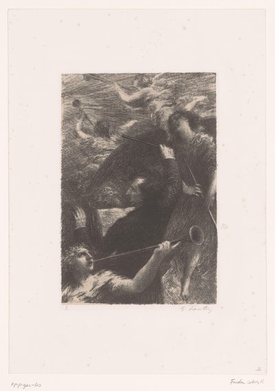 Berlioz johtaa neljän trumpettia puhaltavan enkelin kesken Tuba mirum spargens sonum Hector Berliozin elämä ja teokset (sarjan nimi) tekijältä Ignace Henri Jean Fantin Latour