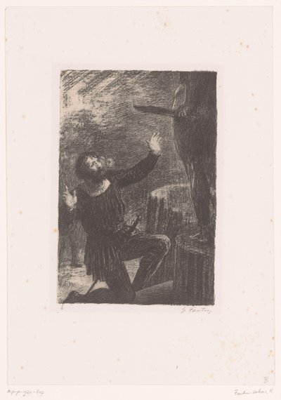 Cellini polvistuu Perseuksen pronssisen patsaan eteen Benvenuto Cellini. Laki III. La fonte du Persee Hector Berliozin elämä ja teokset (sarjan nimi) tekijältä Ignace Henri Jean Fantin Latour