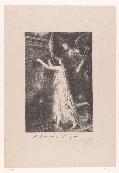 Enkeli ja kuuluisuuden henkilöitymä tuovat kunniaseppeleen Johannes Brahmsin haudalle Á Johannes Brahms (otsikko esineessä) tekijältä Ignace Henri Jean Fantin Latour