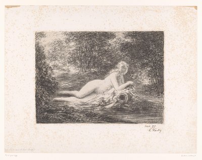 Nymfi vesikannulla metsäpuron rannalla La lähde dans les bois (otsikko esineessä) tekijältä Ignace Henri Jean Fantin Latour