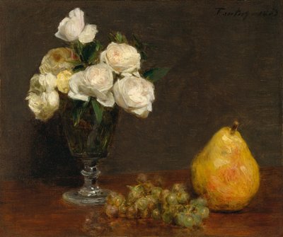 Asetelma ruusuilla ja hedelmillä, 1863. tekijältä Ignace Henri Jean Fantin Latour
