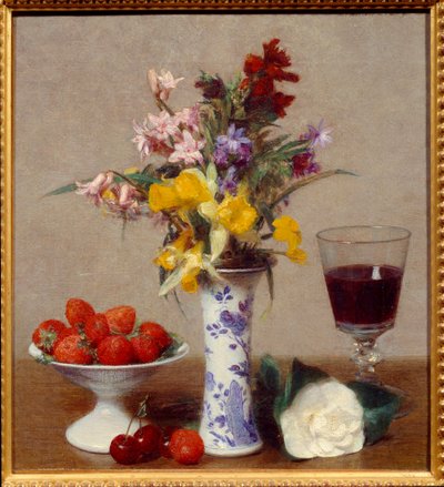 Asetelma nimeltä kihla Lasillinen punaviiniä, kimppu melangia, kirsikoita ja mansikoita. Henri Fantin Latour (Fantin-Latour) (1836-1904) maalaus 1869 Su. 0,32x0,29 m Grenoble, musee des Beaux Arts tekijältä Ignace Henri Jean Fantin-Latour