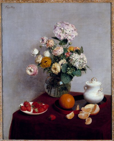 Henri Fantin Latourin maalaus kesäkukkia ja hedelmiä (Fantin-Latour tekijältä Ignace Henri Jean Fantin-Latour