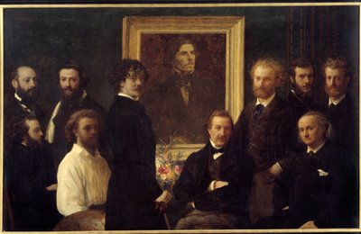Kunnianosoitus Eugene Delacroixille. Edustettuina ovat Louis Edmond Duranty (kirjainmies), James Abbott Mac Neill Whistler (maalari), Champfleury, Jules Husson (kirjainten mies), Edouard Manet, Charles Baudelaire, Louis Cordier, Alphonse Legros (pai). tekijältä Ignace Henri Jean Fantin Latour