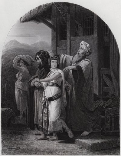 Rebekan lähtö (kaiverrus) tekijältä Henri Frederic (after) Schopin