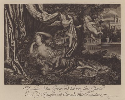 Nell Gwyn ja hänen kaksi poikaansa, Charles, Earl of Burford, ja James, Lord Beauclerk (kaiverrus) tekijältä Henri Gascar
