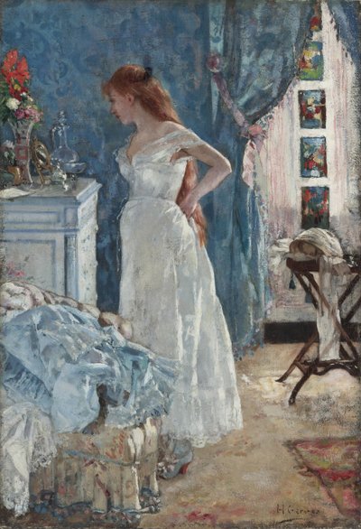 ""WC"" Nuori tyttö negligeeissä - Henri Gervexin (1852-1929) maalaus Yksityinen kokoelma tekijältä Henri Gervex