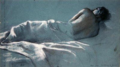 Le Blesse de Guerren tutkimus (hiili punavalkoisella liidulla sinisellä paperilla) tekijältä Henri Gervex