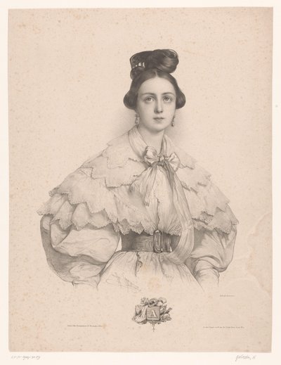 Nuori nainen, jonka nimi on kirjaimella A A (otsikko objektissa) Naiset jokaiselle aakkosten kirjaimelle (sarjan nimi) Le Miroir des dames, ou nouvel alfabet français (sarjan nimi) tekijältä Henri Grevedon