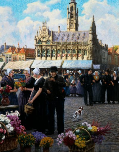 Kukkamarkkinat Middelburgissa (öljy kankaalle) tekijältä Henri Houben