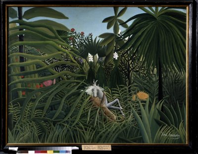 Jaguaari hyökkäsi hevosen kimppuun. Henri Rousseaun maalaus nimeltä Douanier Rousseau (1844-1910) tekijältä Henri J.F. Rousseau