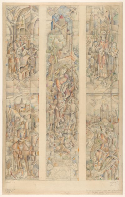 Suunnittelulaatikko lasimaalaukseen Maastrichtin uudessa hallitusrakennuksessa (alkuperäinen nimi esineessä) tekijältä Henri Jonas (signed by artist)