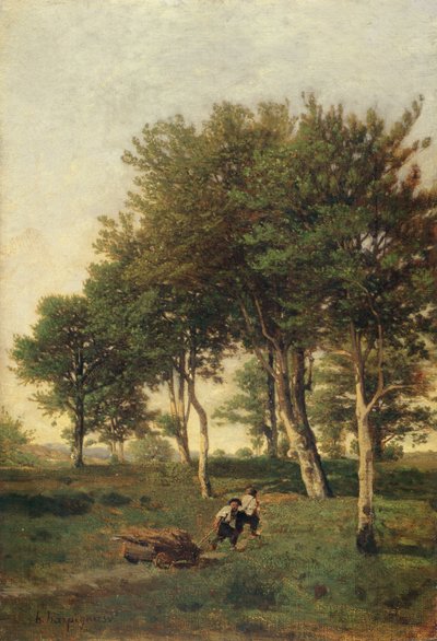 Maisema, jossa kaksi poikaa kantavat polttopuita, 1894 tekijältä Henri Joseph Harpignies