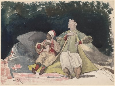 Kaksi nukkea tai nukkea istuvat tyynyillä tekijältä Henri Joseph Harpignies