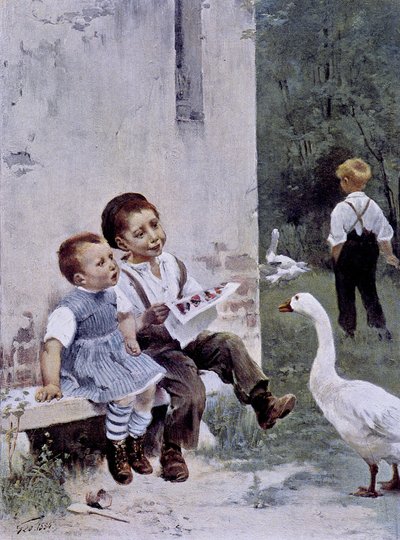 Koulutus: lapset lukevat ja hanhi katselee heitä - sairas. Geoffroy, teoksessa "" Figaro Illustré"", toukokuu 1901 tekijältä Henri Jules Jean Geoffroy