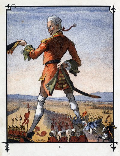 Lemuel Gulliver komentaa liliputilaisten armeijaa. Kuvitus Jonathan Swiftin (1667-1745) elokuvaan "" Gulliver