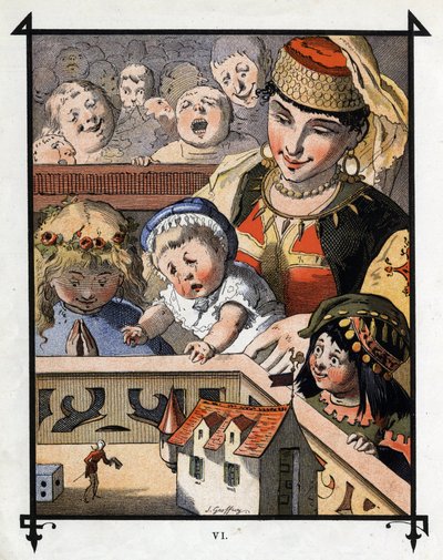 Lemuel Gulliver Brobdingnagin jättiläisten maassa on lasten uteliaisuus. Kuvitus Jonathan Swiftin (1667-1745) elokuvaan "" Gulliver