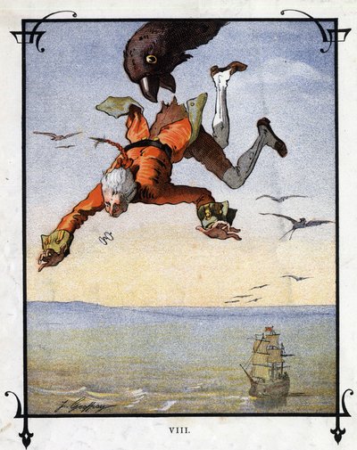 Lemuel Gulliver viedään kotka mukanaan. Kuvitus Jonathan Swiftin (1667-1745) elokuvaan "" Gulliver