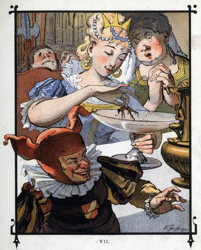 Lemuel Gulliver on maalattu uudelleen astiaan, johon Brobdingnagin kuningatar kaatui. Kuvitus Jonathan Swiftin (1667-1745) elokuvaan "" Gulliver