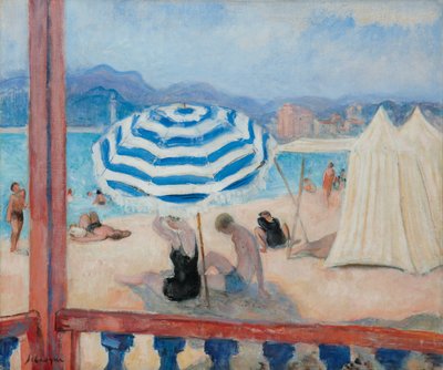 Kepit, sininen päivänvarjo ja teltat; Kepit, sininen päivänvarjo ja teltat, tekijältä Henri Lebasque