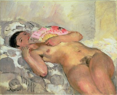 Alaston nainen tuulettimen kanssa tekijältä Henri Lebasque