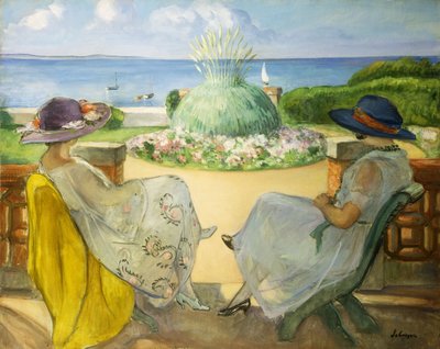 Kaksi nuorta naista terassilla meren rannalla; Kaksi nuorta tyttöä terassilla merelle päin, 1922 tekijältä Henri Lebasque