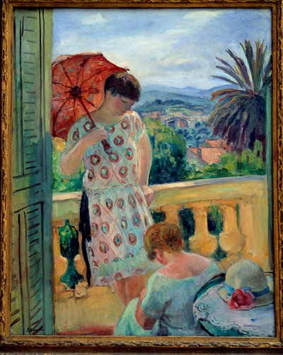 Kaksi naista parvekkeella tai parvekkeella, näkymä Esterelille. Henri Lebasquen (1865-1937) maalaus 1925-1926, öljy kankaalle, 92,5 × 65 cm. Lyon, musee des Beaux Arts - Kaksi naista parvekkeella tai parvekkeella näköalalla Esterelille. Maalaus Henri Lebas tekijältä Henri Lebasque