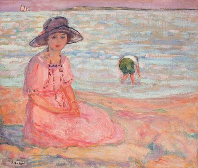 Nainen vaaleanpunaisessa mekossa meren rannalla; Femme a la Robe Rose au bord de la Mer, n. 1920 tekijältä Henri Lebasque