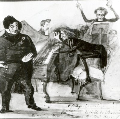 Galop Chromatique -karikatyyri Luigi Lablachesta, Franz Lisztistä (1811-86) pianolla ja Francois Habeneckistä tekijältä Henri Lehmann