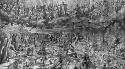 Kristuksen elämä, viimeinen tuomio, kuvakudossarjakuvan valmistelututkimus Saint-Merrin kirkolle Pariisissa, n. 1585-1590 (pierre noire, pesu ja valkoiset kohokohdat paperilla) tekijältä Henri Lerambert