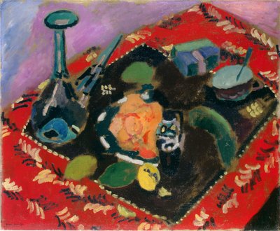 Ruokia ja hedelmiä punaisella ja mustalla matolla (Le Tapis Rouge) tekijältä Henri Matisse