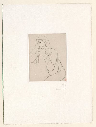 Nuori nainen kädet yhteen liitettyinä huonekalun selkänojalla tekijältä Henri Matisse