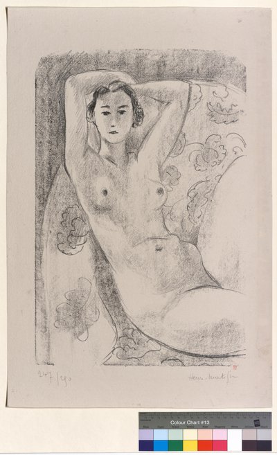 Istuva alaston hahmo kukkakoristeisessa nojatuolissa tekijältä Henri Matisse