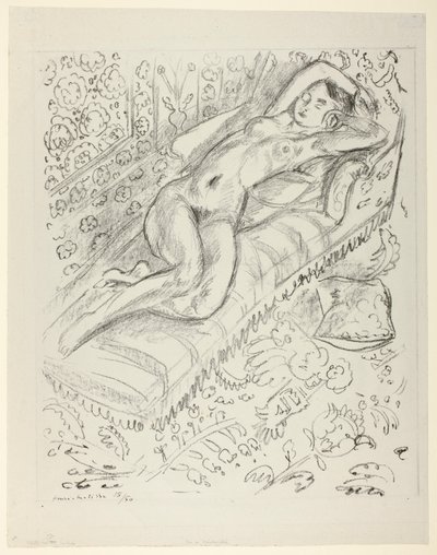 Lepäävä alaston lepotuolilla, taustalla mashrabiya tekijältä Henri Matisse