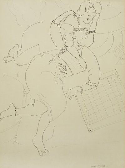 Odaliskit ruutupiirroksen kanssa, n.1928 (kynä ja mustaa tussia paperille). tekijältä Henri Matisse