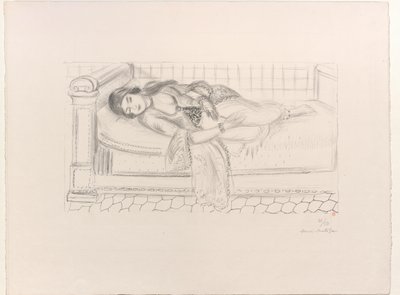 Itämainen naisen kuva lepotuolilla, punaisella laattalattialla tekijältä Henri Matisse