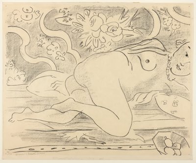 Makuuasennossa alaston ja kulhollinen hedelmiä tekijältä Henri Matisse