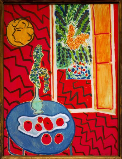Punainen sisustus, asetelma sinisellä pöydällä tekijältä Henri Matisse