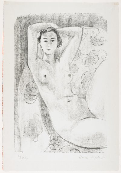 Istuva alaston nojatuolissa, jossa on kukkakoristeita tekijältä Henri Matisse