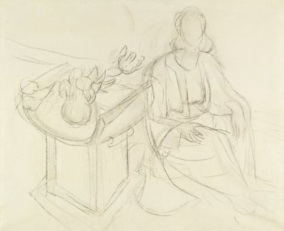 Istuva nainen - asetelma, jossa on kukkia pöydällä (hiili kankaalle) tekijältä Henri Matisse