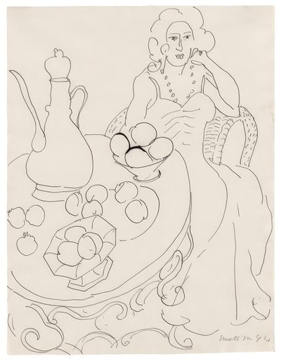 Istuva nainen tarjoilupöydän edessä tekijältä Henri Matisse