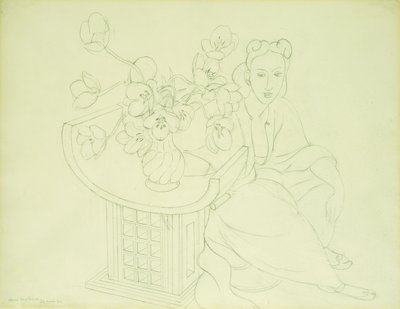 Istuva nainen tulppaanimaljakon kanssa tekijältä Henri Matisse