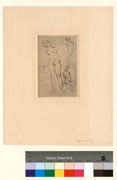 Kolme alastonta henkilöä, joista yksi nojaa jakkaraan tekijältä Henri Matisse