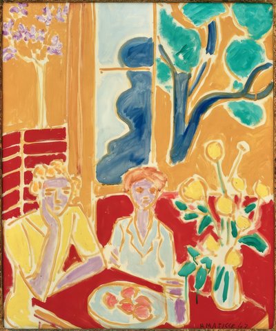 Kaksi nuorta tyttöä keltaisella ja punaisella taustalla tekijältä Henri Matisse