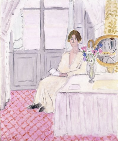 Nainen lukemassa pöydän ja kukkakimpun edessä, Nizza tekijältä Henri Matisse
