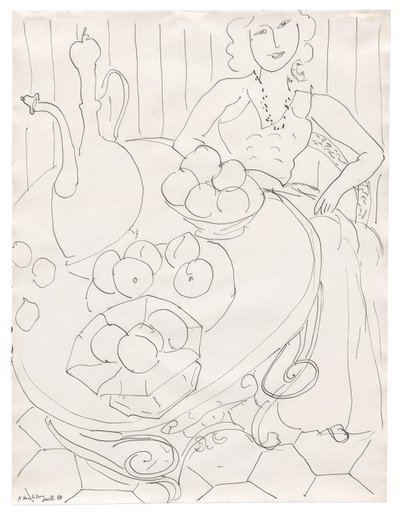 Nainen istuu pöydän ääressä hedelmien ja kannun kanssa tekijältä Henri Matisse